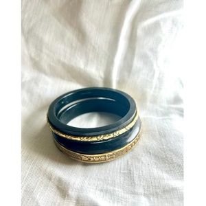 (Pair) Vintage Black Bakelite Bangle Bracelets with Engraved Metal